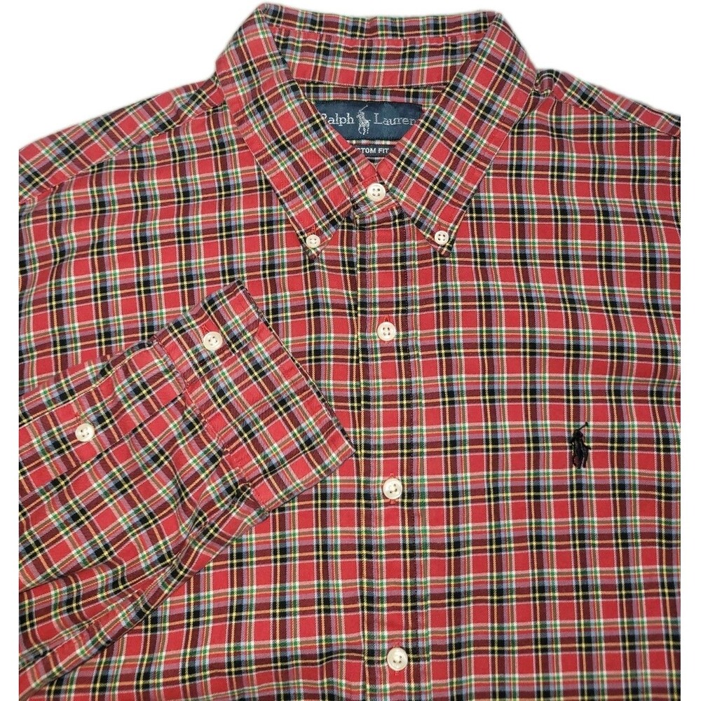 Ralph Lauren Shirt 100% Cotton Red/Green Plaid Long Sleeve Button Down Mens XL
